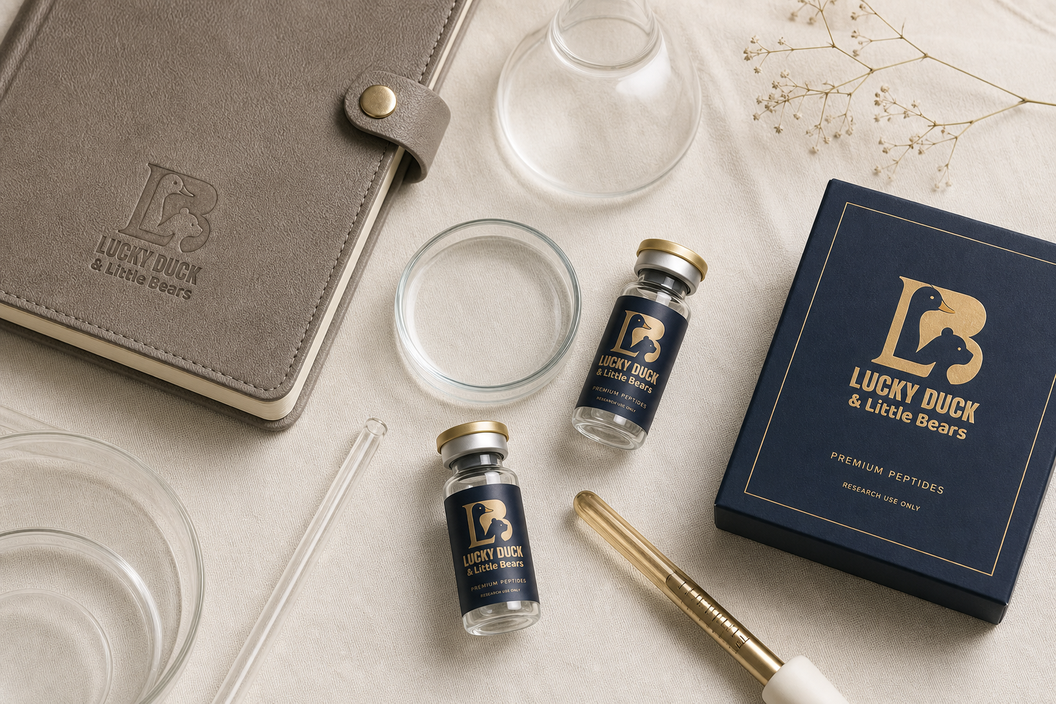 Lucky Duck & Little Bears peptide vials and lab glassware