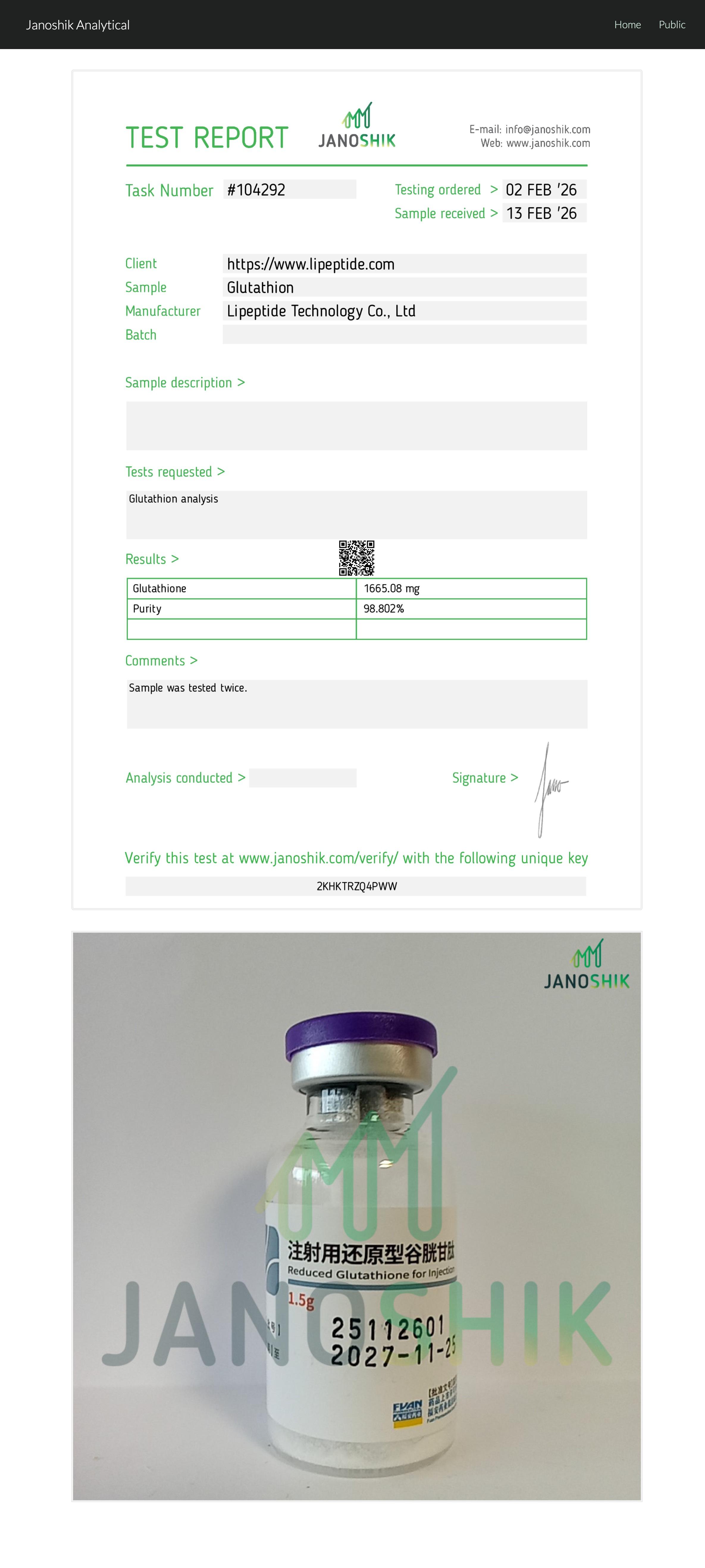 Certificate of Analysis for Glutathione