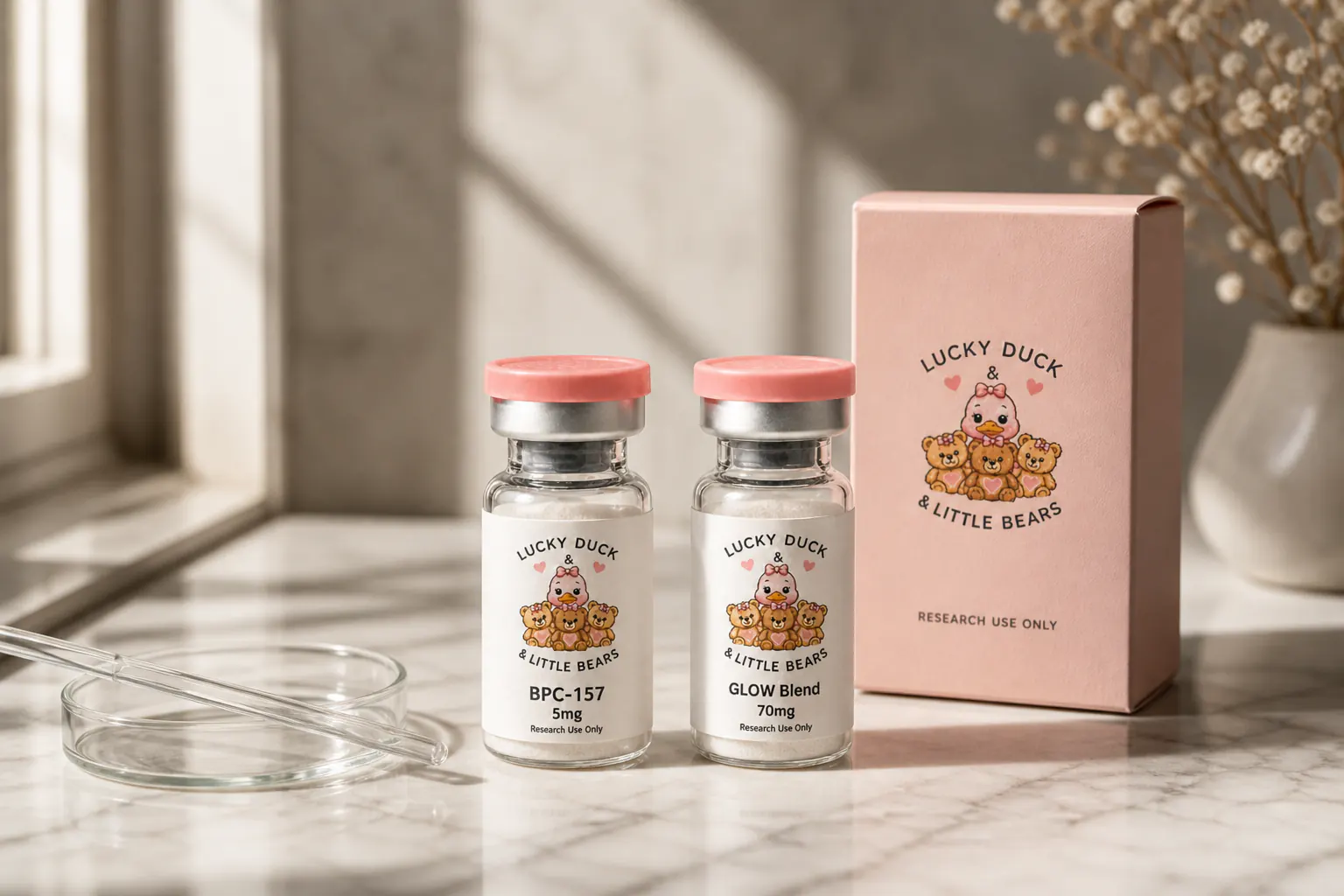 Lucky Duck & Little Bears research peptide vials on marble